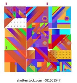 Trendy geometrical vector illustration with elements and abstract colorful textures. Design for summer holiday poster, card, brochure, and promotion template. Fashion art print and background.