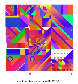 Trendy geometrical vector illustration with elements and abstract colorful textures. Design for summer holiday poster, card, brochure, and promotion template. Fashion art print and background.