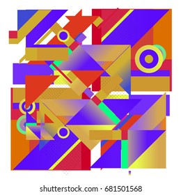 Trendy geometrical vector illustration with elements and abstract colorful textures. Design for summer holiday poster, card, brochure, and promotion template. Fashion art print and background.