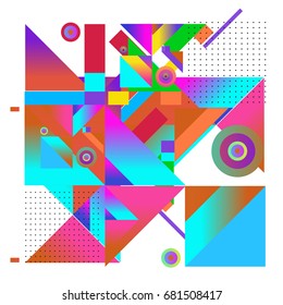 Trendy geometrical vector illustration with elements and abstract colorful textures. Design for summer holiday poster, card, brochure, and promotion template. Fashion art print and background.