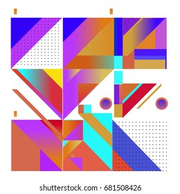 Trendy geometrical vector illustration with elements and abstract colorful textures. Design for summer holiday poster, card, brochure, and promotion template. Fashion art print and background.
