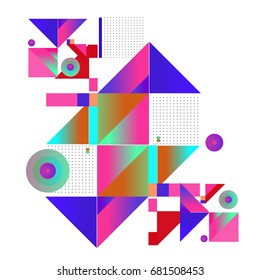 Trendy geometrical vector illustration with elements and abstract colorful textures. Design for summer holiday poster, card, brochure, and promotion template. Fashion art print and background.