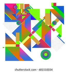 Trendy geometrical vector illustration with elements and abstract colorful textures. Design for summer holiday poster, card, brochure, and promotion template. Fashion art print and background.