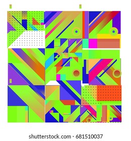 Trendy geometrical vector illustration with elements and abstract colorful textures. Design for summer holiday poster, card, brochure, and promotion template. Fashion art print and background.