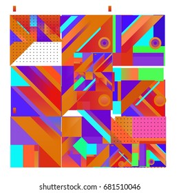 Trendy geometrical vector illustration with elements and abstract colorful textures. Design for summer holiday poster, card, brochure, and promotion template. Fashion art print and background.