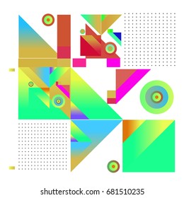 Trendy geometrical vector illustration with elements and abstract colorful textures. Design for summer holiday poster, card, brochure, and promotion template. Fashion art print and background.