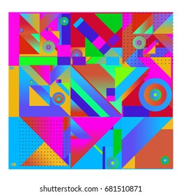 Trendy geometrical vector illustration with elements and abstract colorful textures. Design for summer holiday poster, card, brochure, and promotion template. Fashion art print and background.