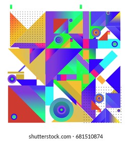 Trendy geometrical vector illustration with elements and abstract colorful textures. Design for summer holiday poster, card, brochure, and promotion template. Fashion art print and background.