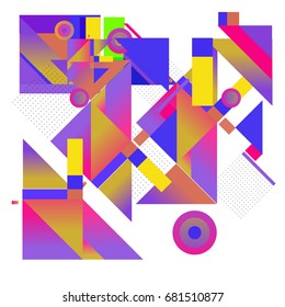 Trendy geometrical vector illustration with elements and abstract colorful textures. Design for summer holiday poster, card, brochure, and promotion template. Fashion art print and background.