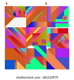 Trendy geometrical vector illustration with elements and abstract colorful textures. Design for summer holiday poster, card, brochure, and promotion template. Fashion art print and background.