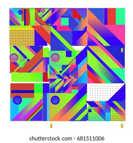 Trendy geometrical vector illustration with elements and abstract colorful textures. Design for summer holiday poster, card, brochure, and promotion template. Fashion art print and background.