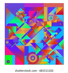 Trendy geometrical vector illustration with elements and abstract colorful textures. Design for summer holiday poster, card, brochure, and promotion template. Fashion art print and background.