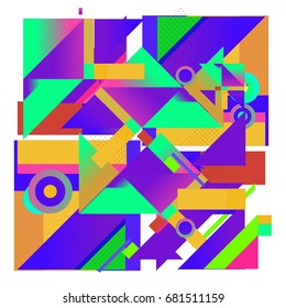 Trendy geometrical vector illustration with elements and abstract colorful textures. Design for summer holiday poster, card, brochure, and promotion template. Fashion art print and background.