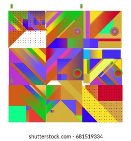 Trendy geometrical vector illustration with elements and abstract colorful textures. Design for summer holiday poster, card, brochure, and promotion template. Fashion art print and background.