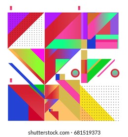Trendy geometrical vector illustration with elements and abstract colorful textures. Design for summer holiday poster, card, brochure, and promotion template. Fashion art print and background.