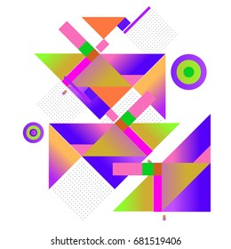 Trendy geometrical vector illustration with elements and abstract colorful textures. Design for summer holiday poster, card, brochure, and promotion template. Fashion art print and background.