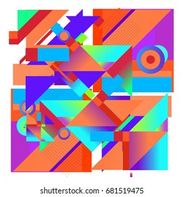 Trendy geometrical vector illustration with elements and abstract colorful textures. Design for summer holiday poster, card, brochure, and promotion template. Fashion art print and background.