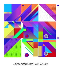 Trendy geometrical vector illustration with elements and abstract colorful textures. Design for summer holiday poster, card, brochure, and promotion template. Fashion art print and background.