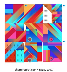 Trendy geometrical vector illustration with elements and abstract colorful textures. Design for summer holiday poster, card, brochure, and promotion template. Fashion art print and background.