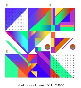 Trendy geometrical vector illustration with elements and abstract colorful textures. Design for summer holiday poster, card, brochure, and promotion template. Fashion art print and background.