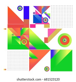 Trendy geometrical vector illustration with elements and abstract colorful textures. Design for summer holiday poster, card, brochure, and promotion template. Fashion art print and background.