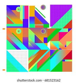 Trendy geometrical vector illustration with elements and abstract colorful textures. Design for summer holiday poster, card, brochure, and promotion template. Fashion art print and background.