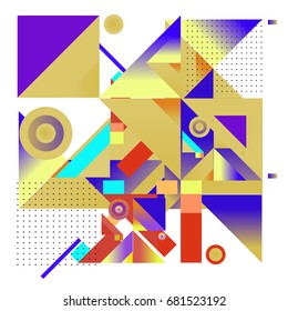 Trendy geometrical vector illustration with elements and abstract colorful textures. Design for summer holiday poster, card, brochure, and promotion template. Fashion art print and background.