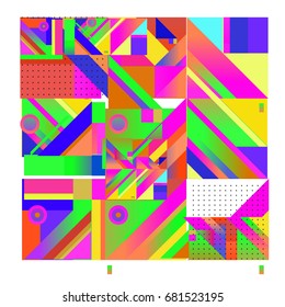 Trendy geometrical vector illustration with elements and abstract colorful textures. Design for summer holiday poster, card, brochure, and promotion template. Fashion art print and background.