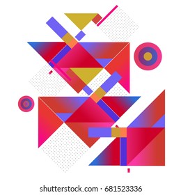 Trendy geometrical vector illustration with elements and abstract colorful textures. Design for summer holiday poster, card, brochure, and promotion template. Fashion art print and background.