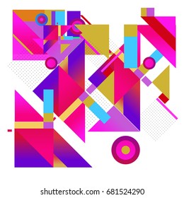 Trendy geometrical vector illustration with elements and abstract colorful textures. Design for summer holiday poster, card, brochure, and promotion template. Fashion art print and background.