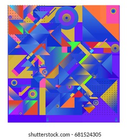 Trendy geometrical vector illustration with elements and abstract colorful textures. Design for summer holiday poster, card, brochure, and promotion template. Fashion art print and background.