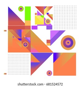 Trendy geometrical vector illustration with elements and abstract colorful textures. Design for summer holiday poster, card, brochure, and promotion template. Fashion art print and background.