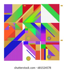 Trendy geometrical vector illustration with elements and abstract colorful textures. Design for summer holiday poster, card, brochure, and promotion template. Fashion art print and background.