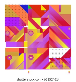 Trendy geometrical vector illustration with elements and abstract colorful textures. Design for summer holiday poster, card, brochure, and promotion template. Fashion art print and background.