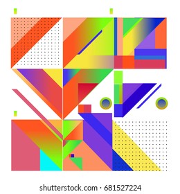 Trendy geometrical vector illustration with elements and abstract colorful textures. Design for summer holiday poster, card, brochure, and promotion template. Fashion art print and background.