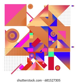 Trendy geometrical vector illustration with elements and abstract colorful textures. Design for summer holiday poster, card, brochure, and promotion template. Fashion art print and background.