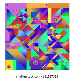 Trendy geometrical vector illustration with elements and abstract colorful textures. Design for summer holiday poster, card, brochure, and promotion template. Fashion art print and background.