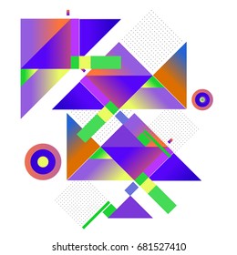 Trendy geometrical vector illustration with elements and abstract colorful textures. Design for summer holiday poster, card, brochure, and promotion template. Fashion art print and background.