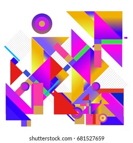 Trendy geometrical vector illustration with elements and abstract colorful textures. Design for summer holiday poster, card, brochure, and promotion template. Fashion art print and background.