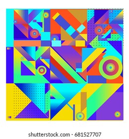 Trendy geometrical vector illustration with elements and abstract colorful textures. Design for summer holiday poster, card, brochure, and promotion template. Fashion art print and background.