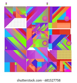 Trendy geometrical vector illustration with elements and abstract colorful textures. Design for summer holiday poster, card, brochure, and promotion template. Fashion art print and background.