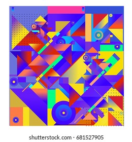 Trendy geometrical vector illustration with elements and abstract colorful textures. Design for summer holiday poster, card, brochure, and promotion template. Fashion art print and background.