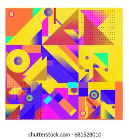 Trendy geometrical vector illustration with elements and abstract colorful textures. Design for summer holiday poster, card, brochure, and promotion template. Fashion art print and background.