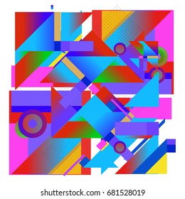 Trendy geometrical vector illustration with elements and abstract colorful textures. Design for summer holiday poster, card, brochure, and promotion template. Fashion art print and background.