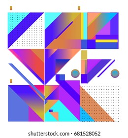 Trendy geometrical vector illustration with elements and abstract colorful textures. Design for summer holiday poster, card, brochure, and promotion template. Fashion art print and background.