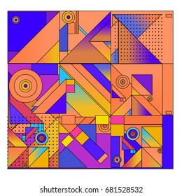 Trendy geometrical vector illustration with elements and abstract colorful textures. Design for summer holiday poster, card, brochure, and promotion template. Fashion art print and background.