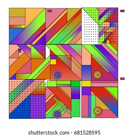 Trendy geometrical vector illustration with elements and abstract colorful textures. Design for summer holiday poster, card, brochure, and promotion template. Fashion art print and background.