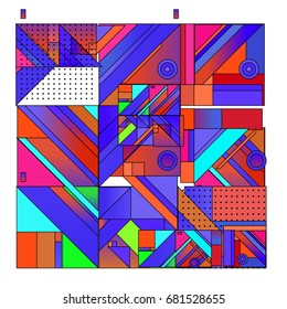 Trendy geometrical vector illustration with elements and abstract colorful textures. Design for summer holiday poster, card, brochure, and promotion template. Fashion art print and background.