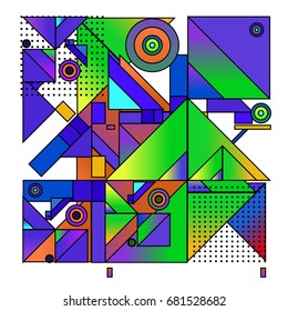 Trendy geometrical vector illustration with elements and abstract colorful textures. Design for summer holiday poster, card, brochure, and promotion template. Fashion art print and background.
