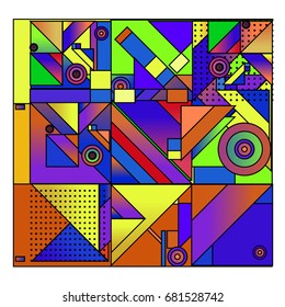 Trendy geometrical vector illustration with elements and abstract colorful textures. Design for summer holiday poster, card, brochure, and promotion template. Fashion art print and background.